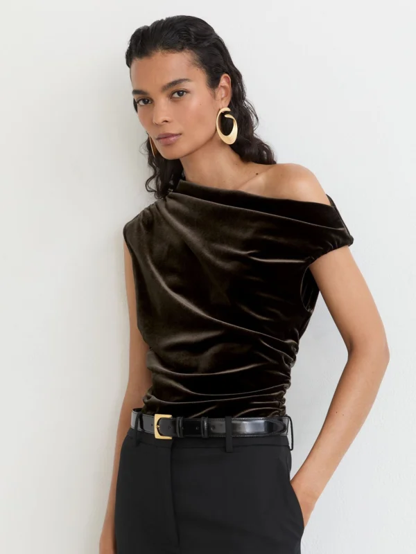Reiss Olive Green Velvet Off-shoulder Top