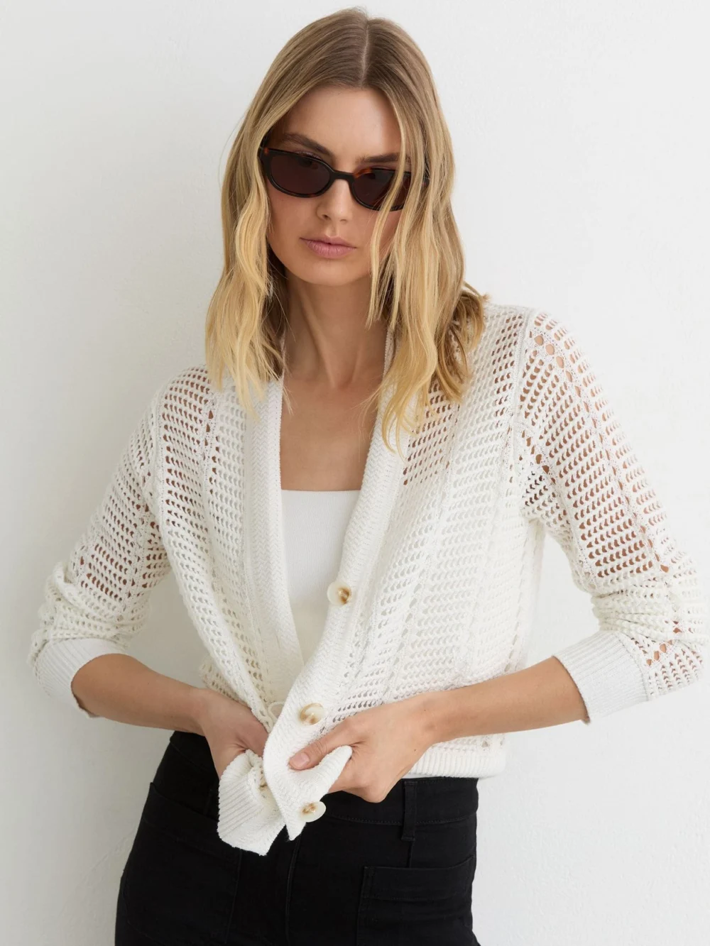 Reiss Open-knit Button-through Cardigan, view 4