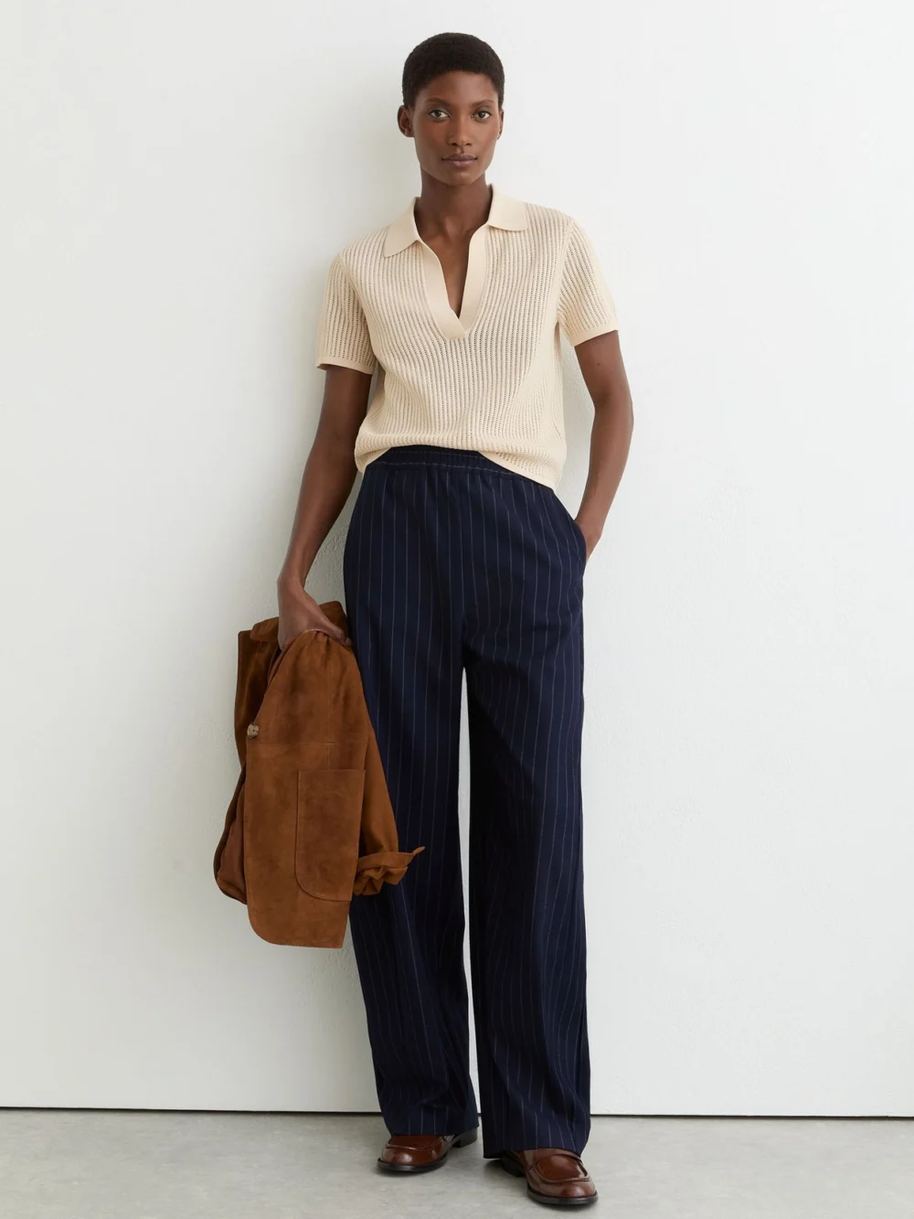 Reiss Open-stitch Knitted Polo Top in ivory