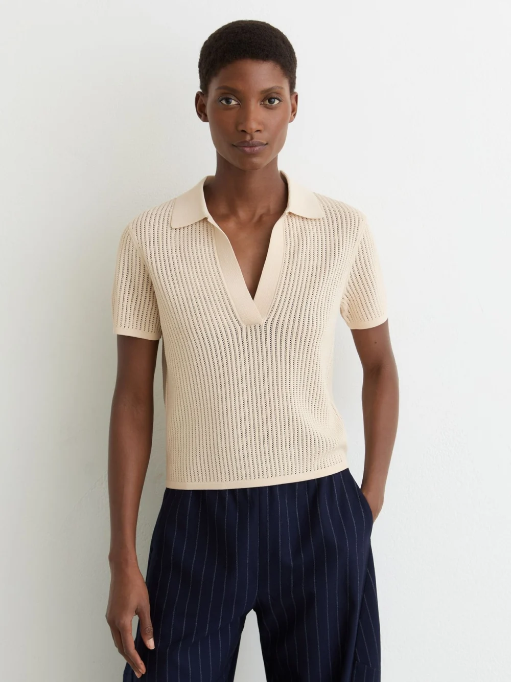 Reiss Open-stitch Knitted Polo Top, view 4