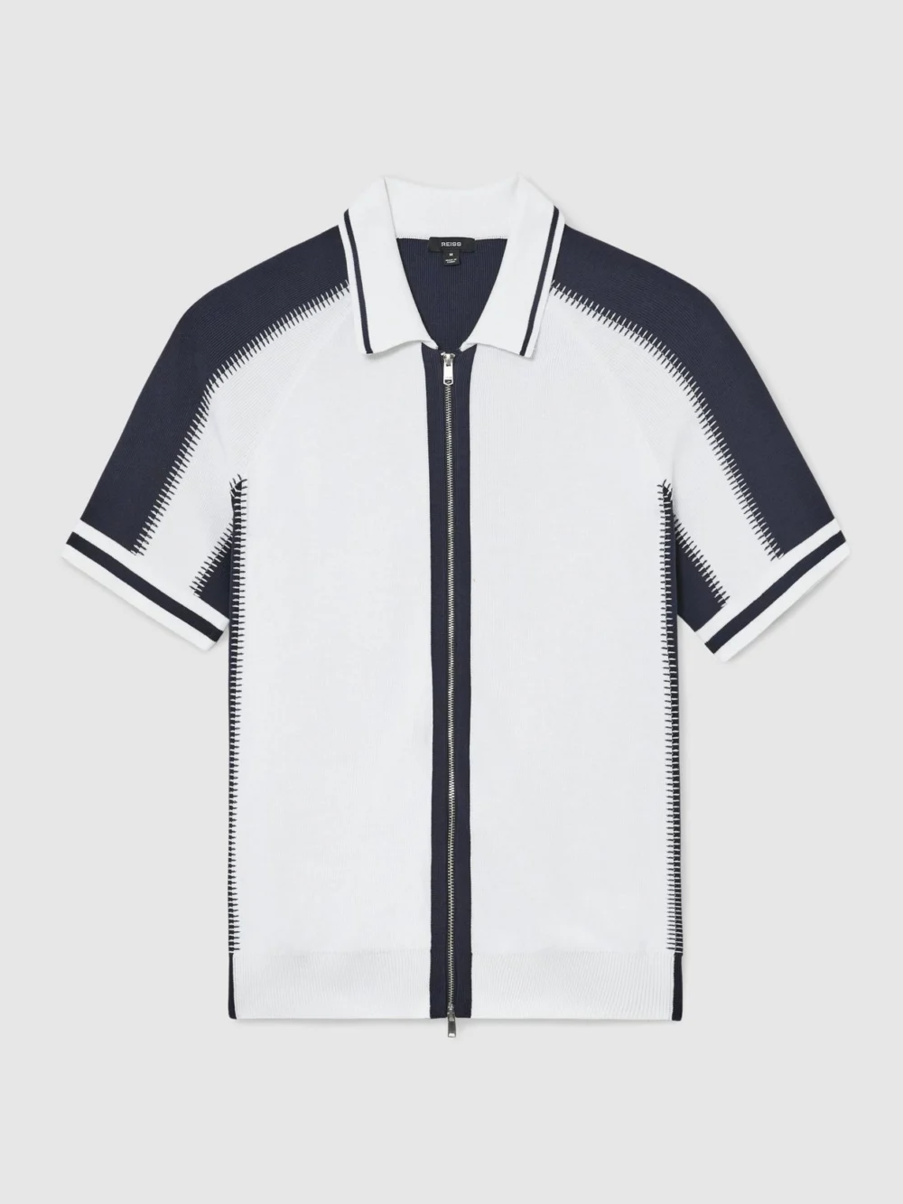 Reiss Optic White & Navy Colour-block Zip-through Knit Shirt, view 2