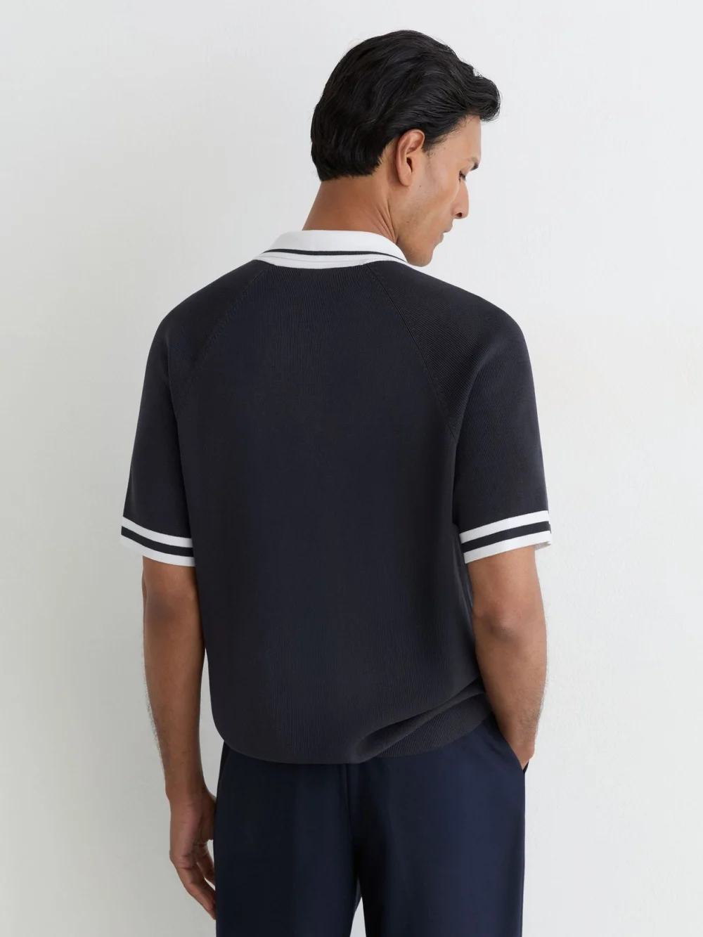 Reiss Optic White & Navy Colour-block Zip-through Knit Shirt, view 3