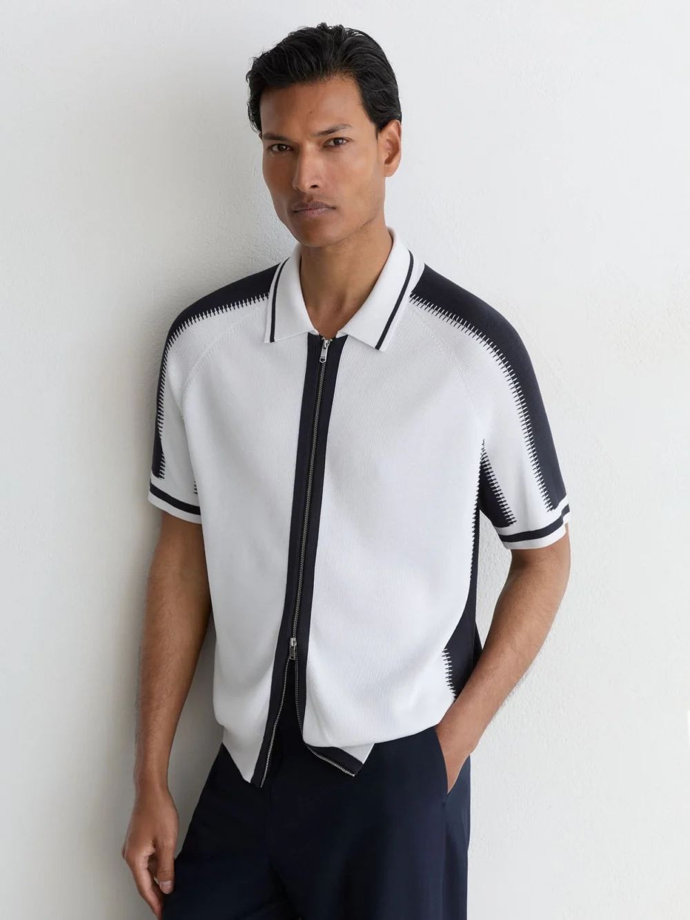 Reiss Optic White & Navy Colour-block Zip-through Knit Shirt, view 4