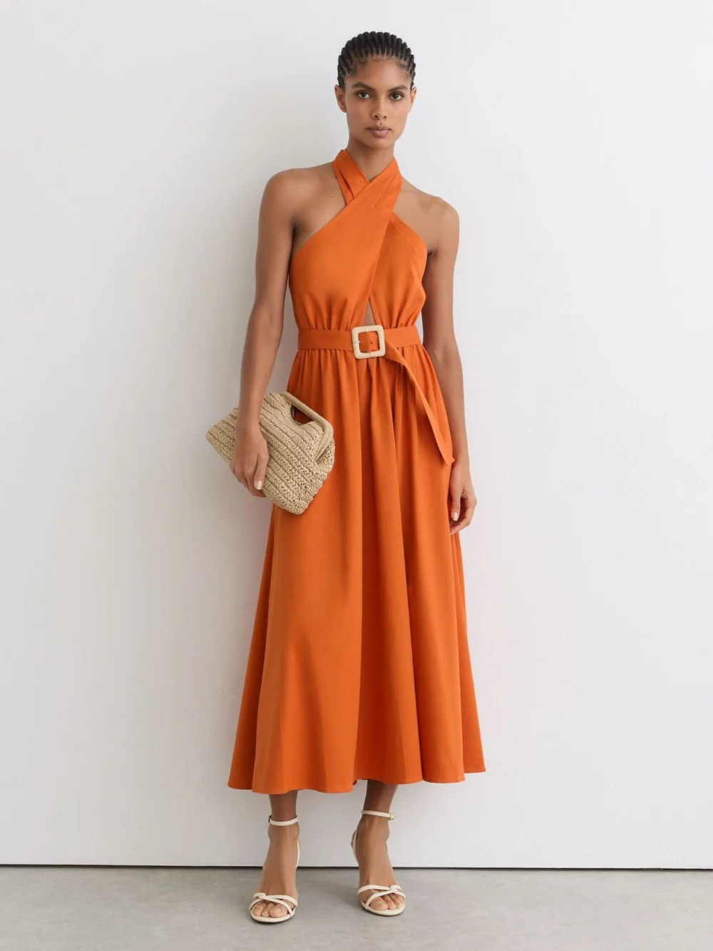 Reiss Orange Cotton Halterneck Belted Midi Dress