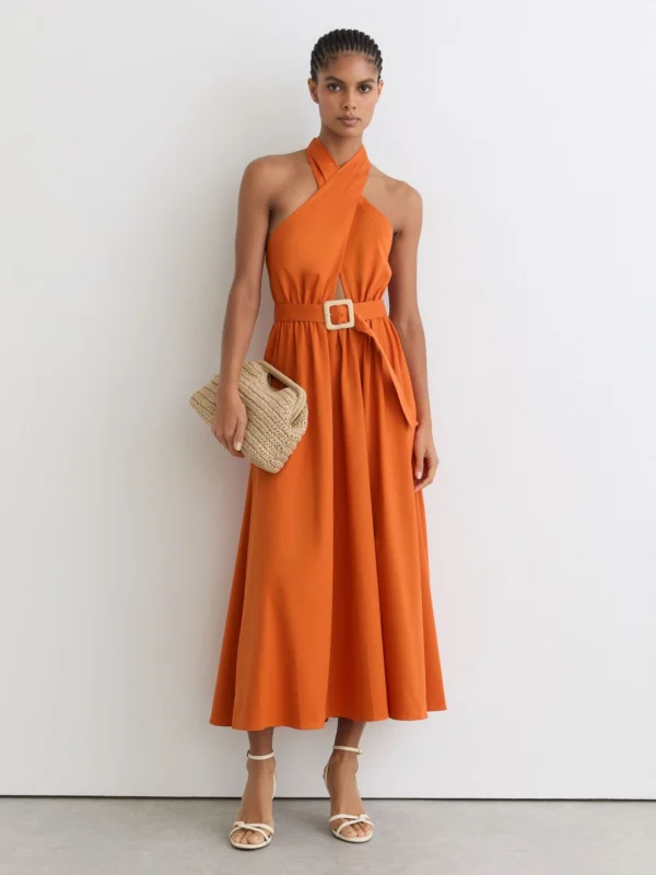 Reiss Orange Cotton Halterneck Belted Midi Dress