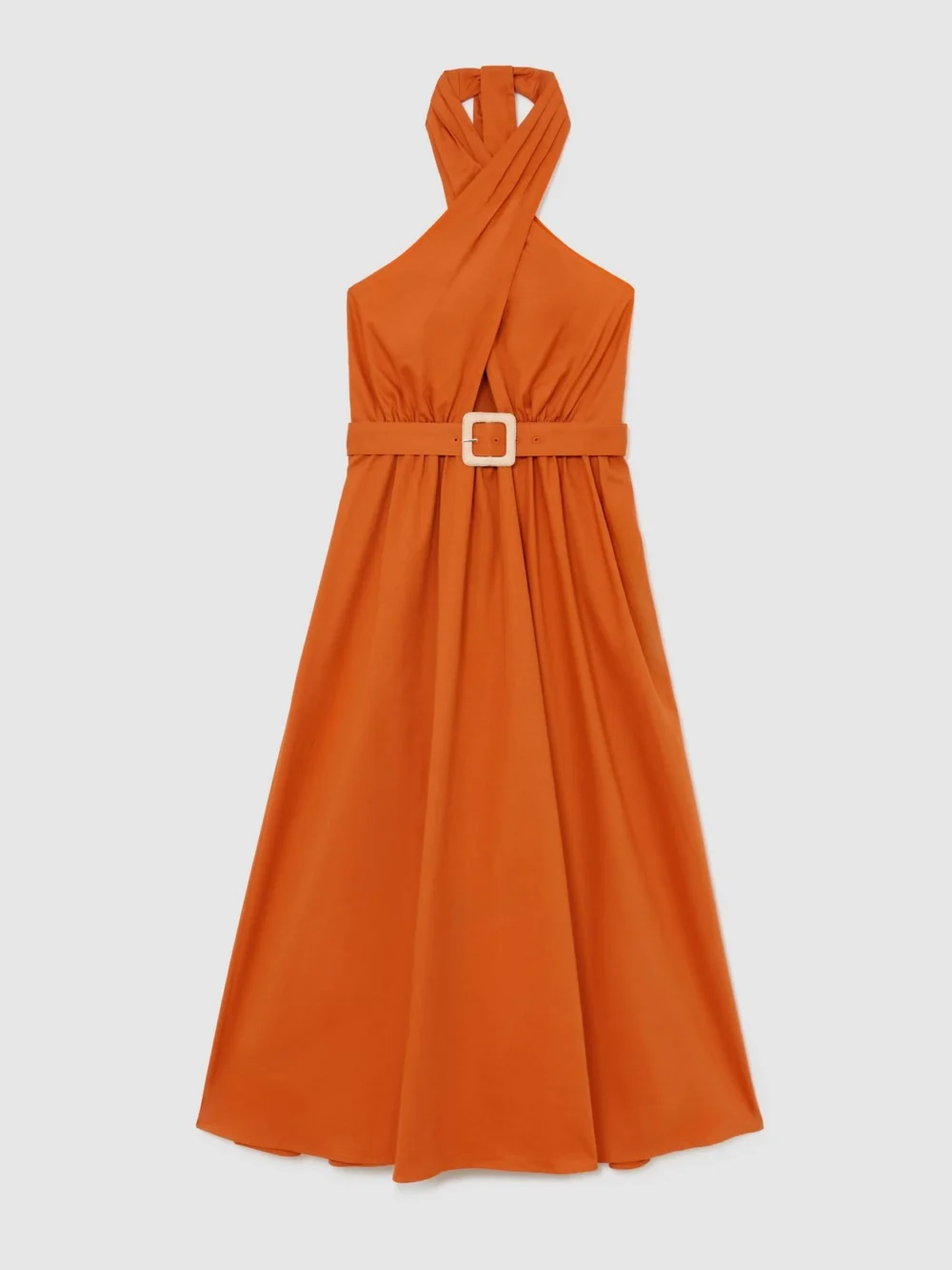 Reiss Orange Cotton Halterneck Belted Midi Dress, view 2