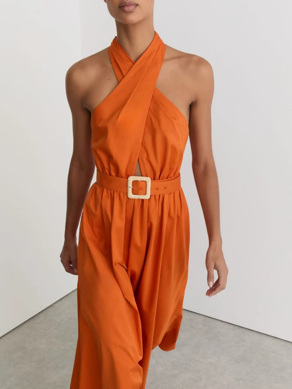 Reiss Orange Cotton Halterneck Belted Midi Dress, view 4
