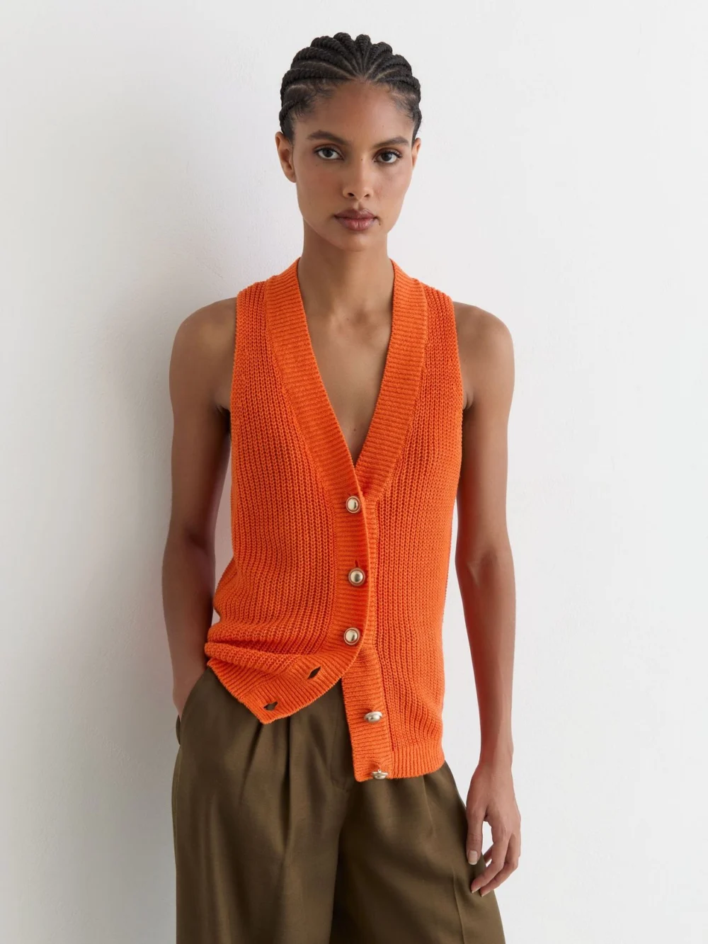 Reiss Orange Linen Button-through Knitted Waistcoat, view 4