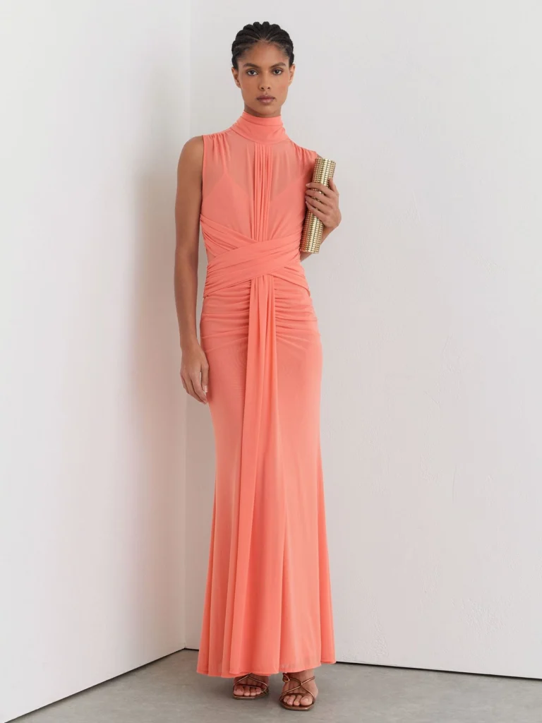 Reiss Orange Petite Sheer Ruched Sleeveless Maxi Dress