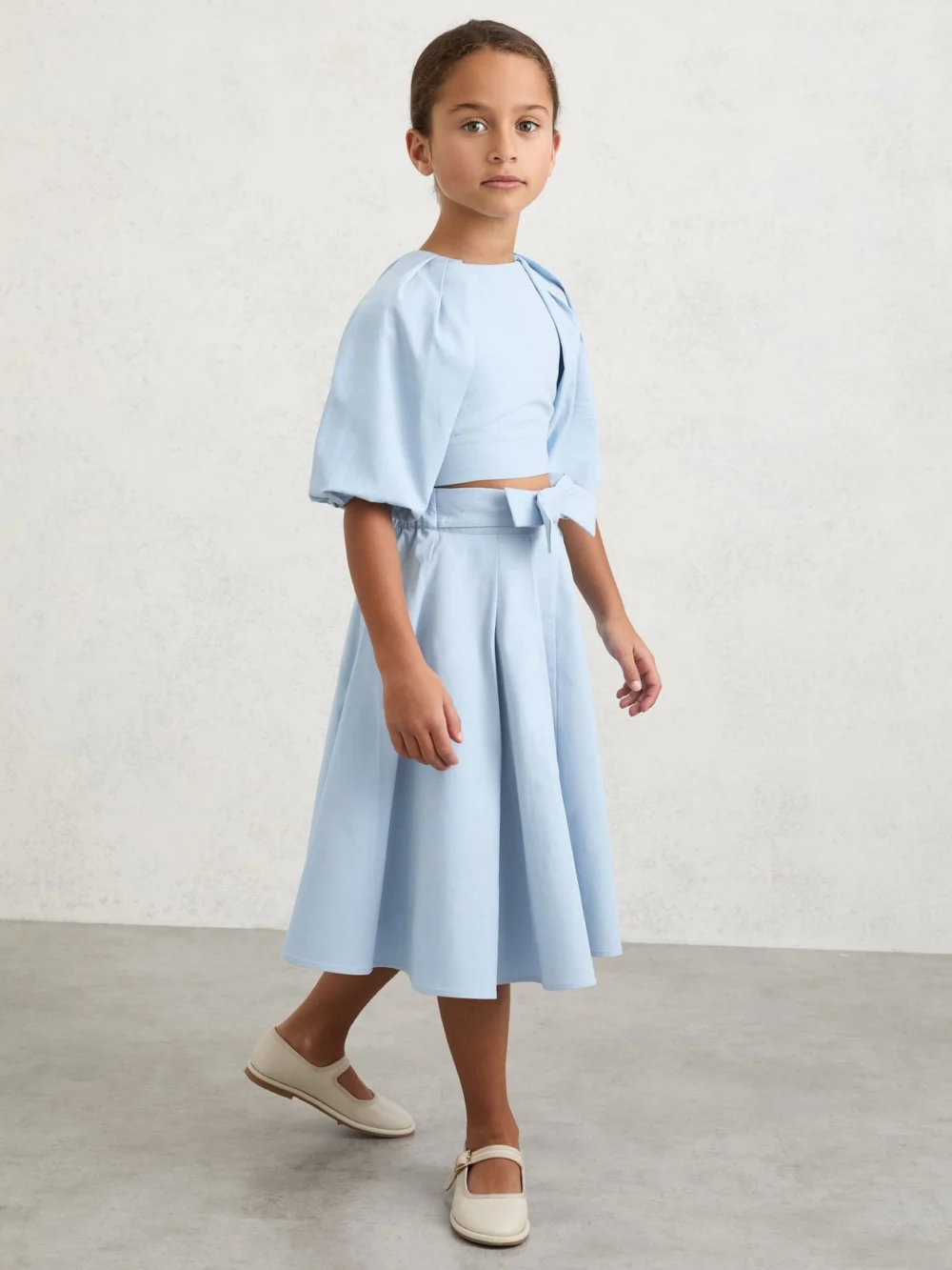 Reiss Pale Blue 3-9 yrs Bow-detail Pleated Midi Skirt, view 2