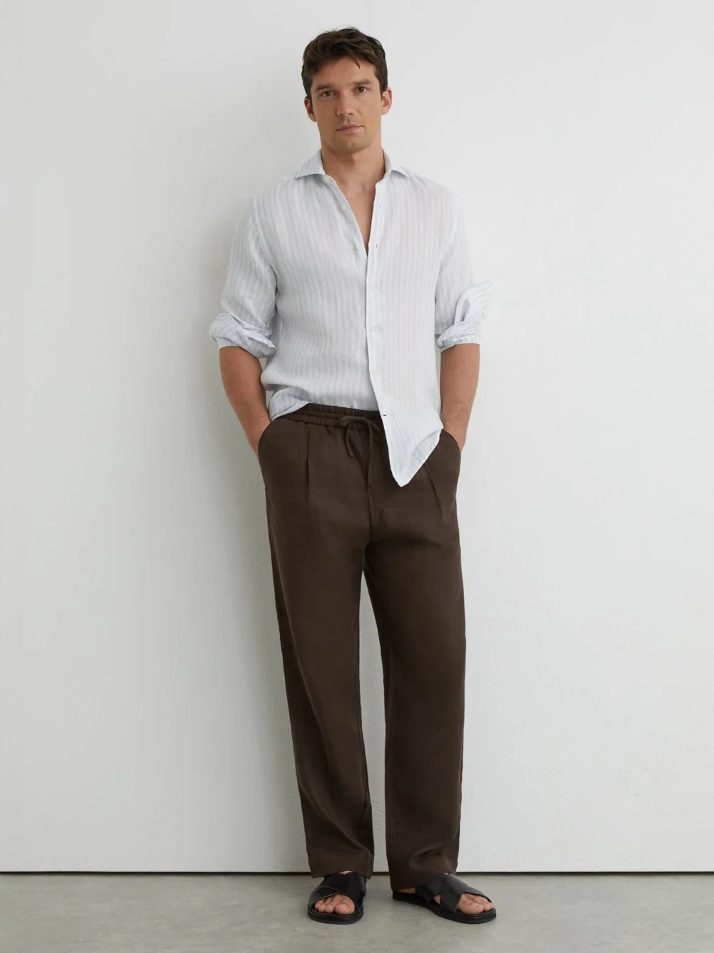 Reiss Pale Blue & White Stripe Linen Long-sleeve Shirt Regular-fit in pale blue/white stripe