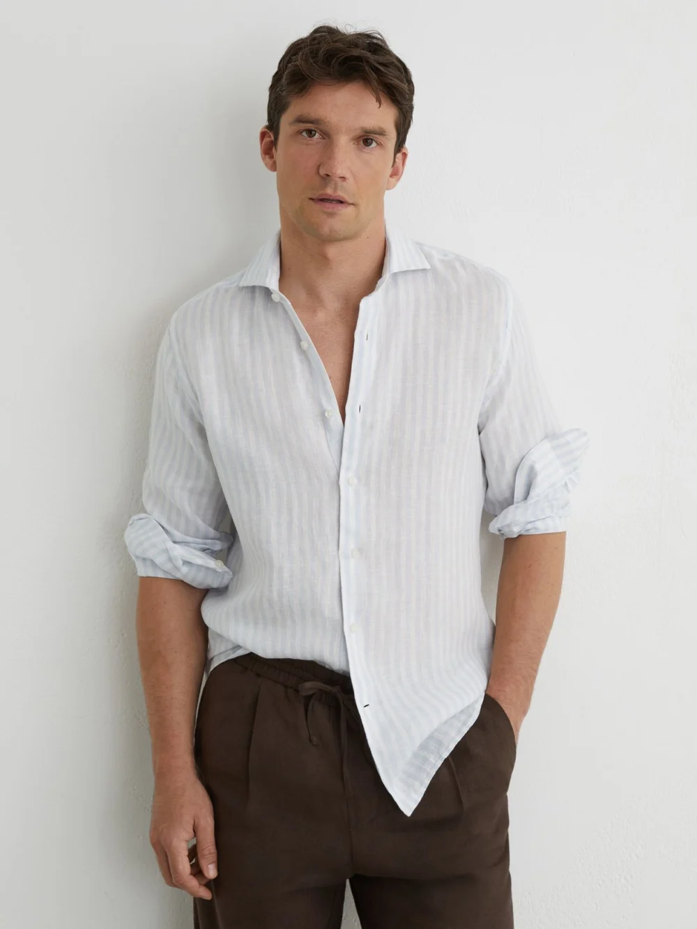 Reiss Pale Blue & White Stripe Linen Long-sleeve Shirt Regular-fit, view 3
