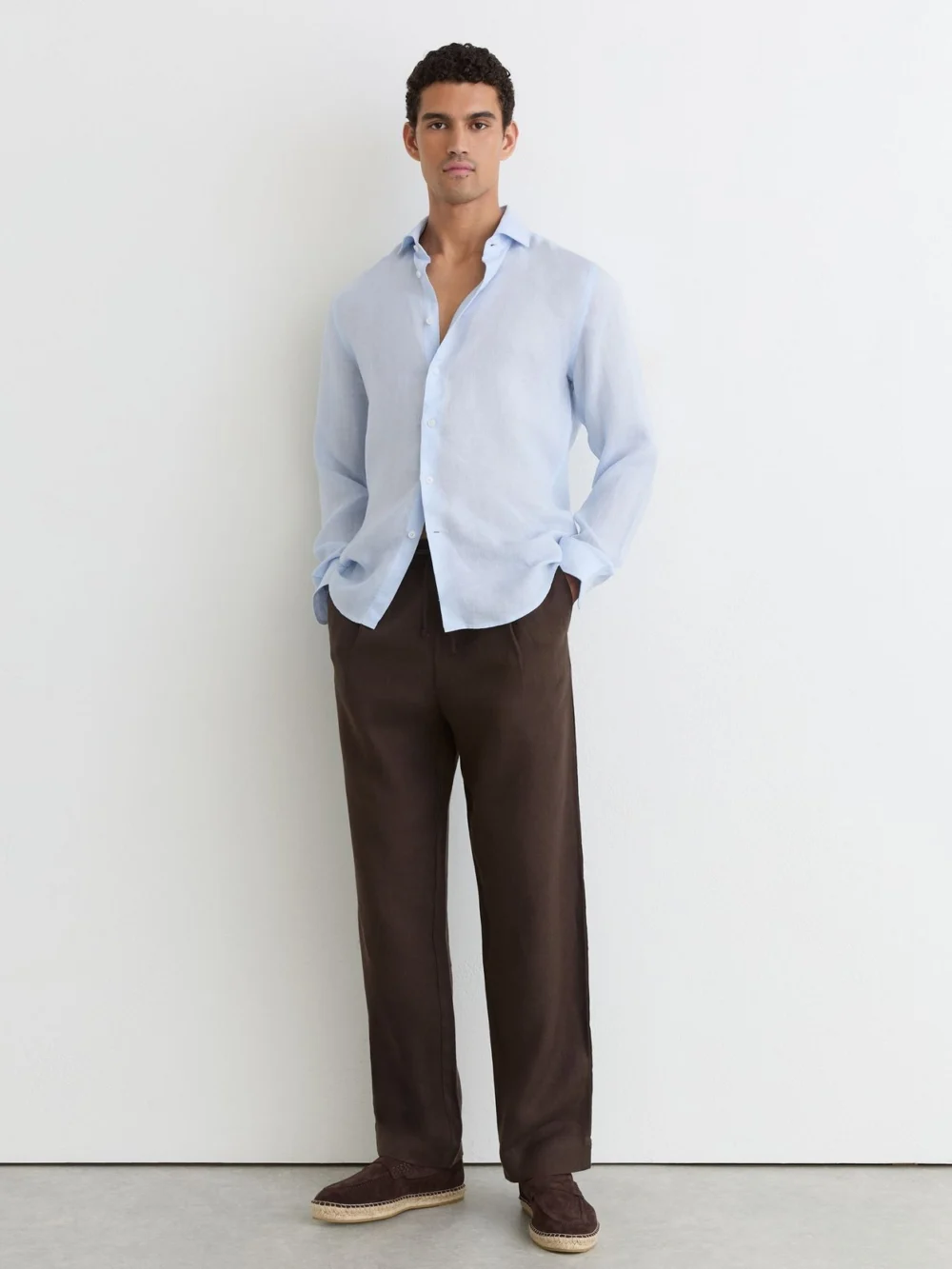 Reiss Pale Blue Linen Regular-fit Long-sleeve Shirt, view 3