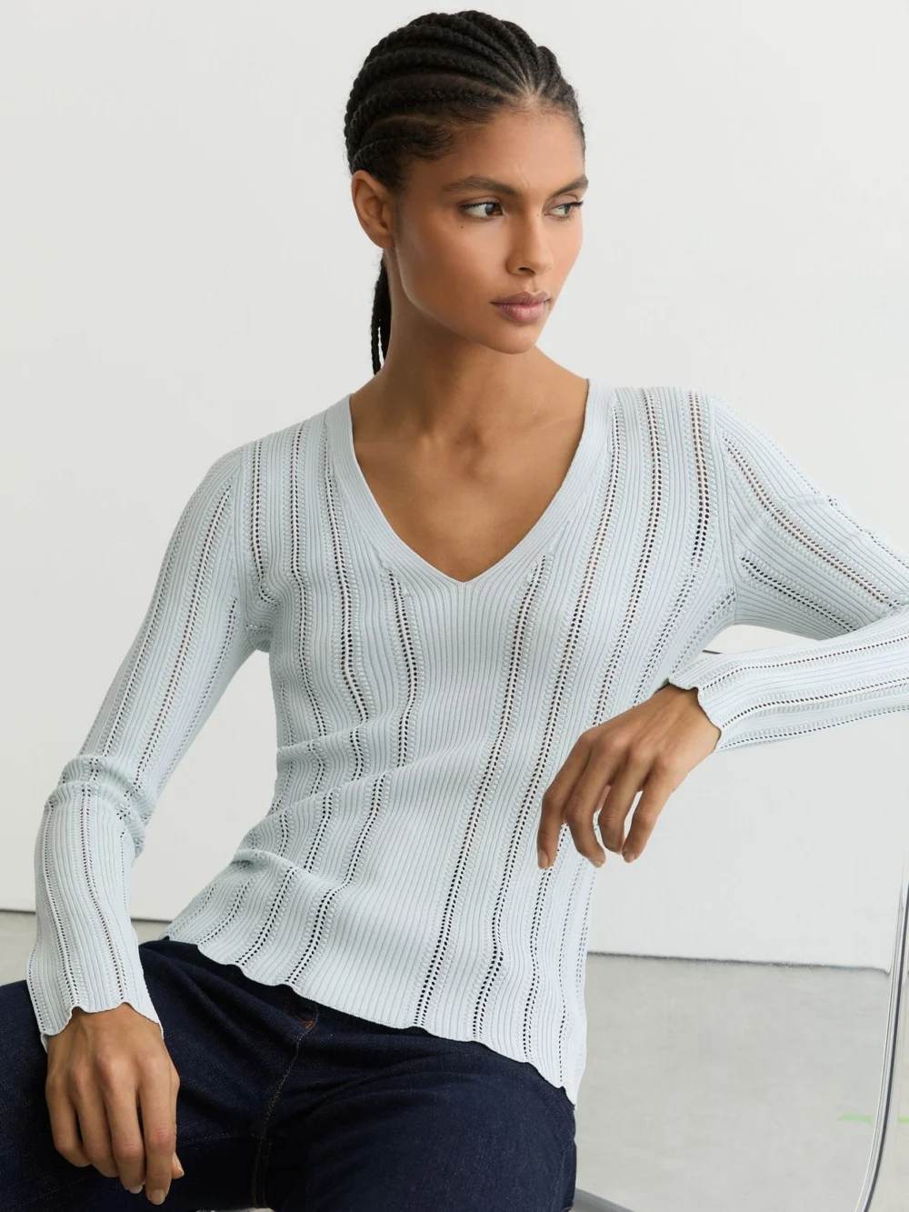 Reiss Pale Blue Open-stitch V-neck Jumper