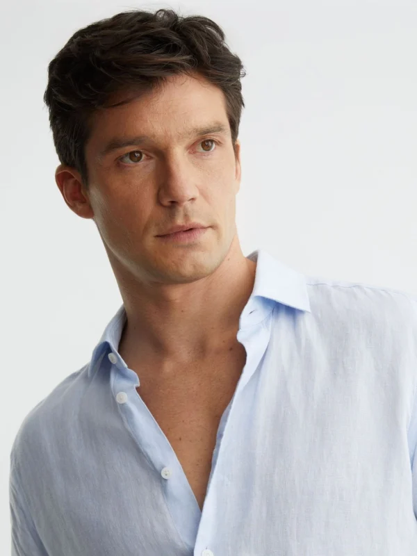 Reiss Pale Blue Slim Fit Linen Button-through Shirt