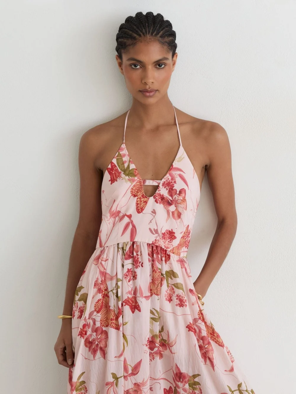 Reiss Pale Pink Butterfly-print Halterneck Maxi Dress
