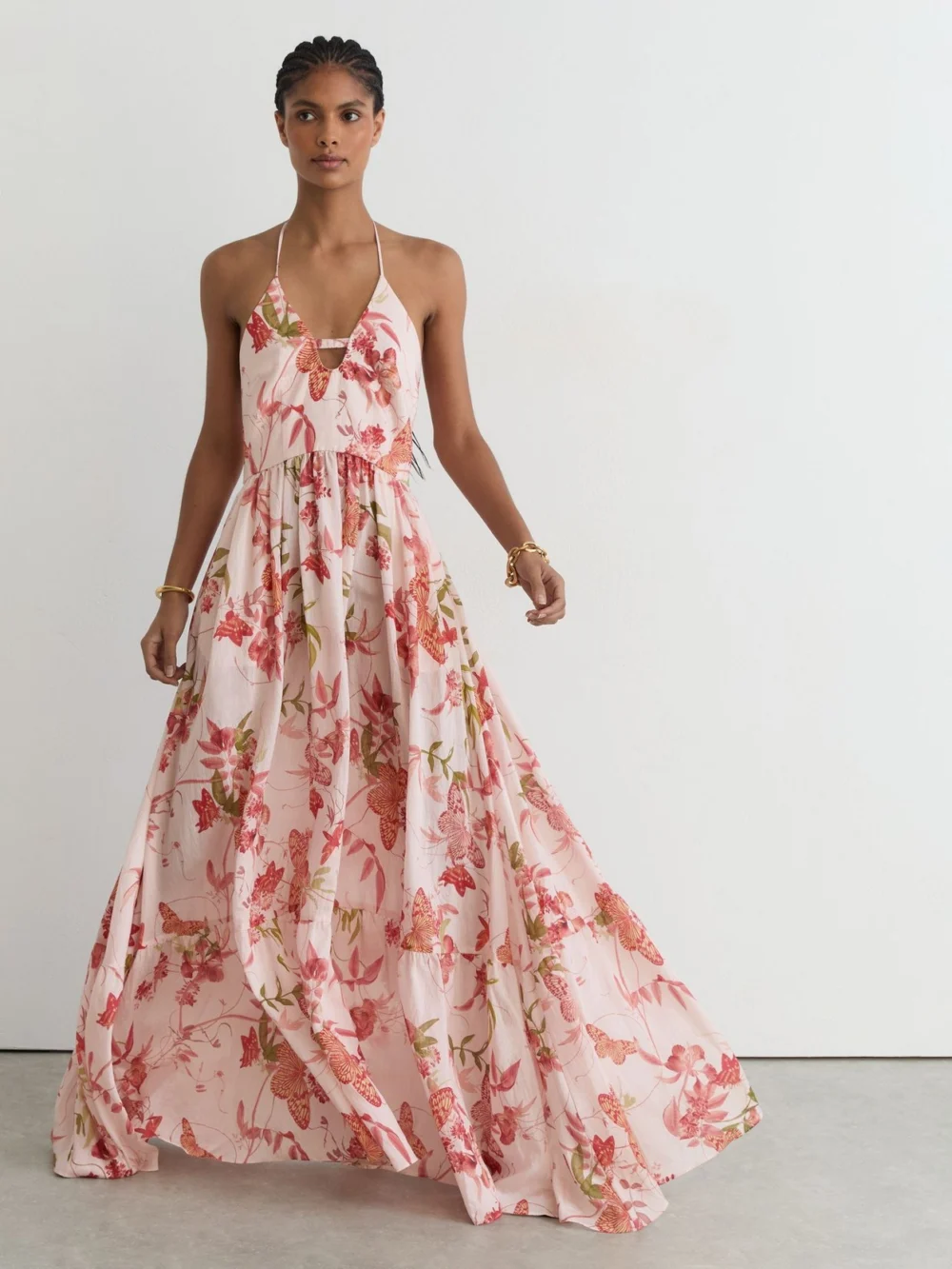 Reiss Pale Pink Butterfly-print Halterneck Maxi Dress, view 3