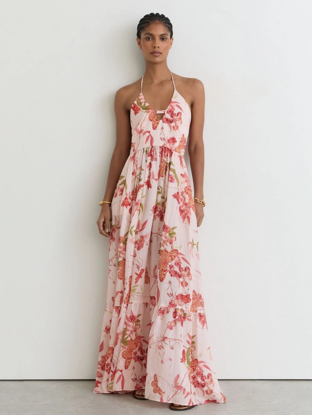 Reiss Pale Pink Butterfly-print Halterneck Maxi Dress, view 4