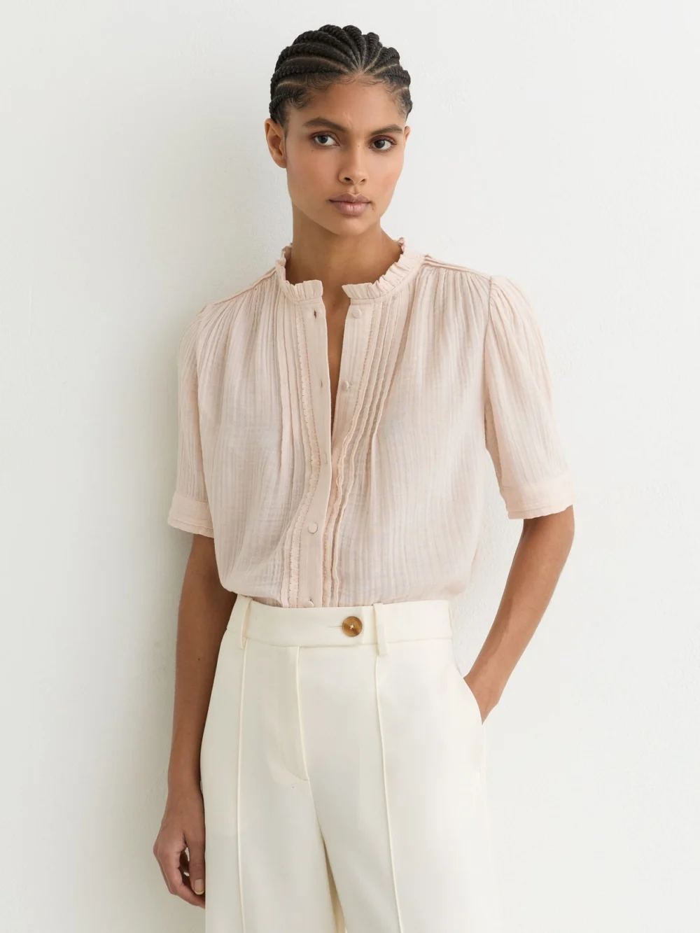 Reiss Pale Pink Cotton Cheesecloth Frill-neck Top