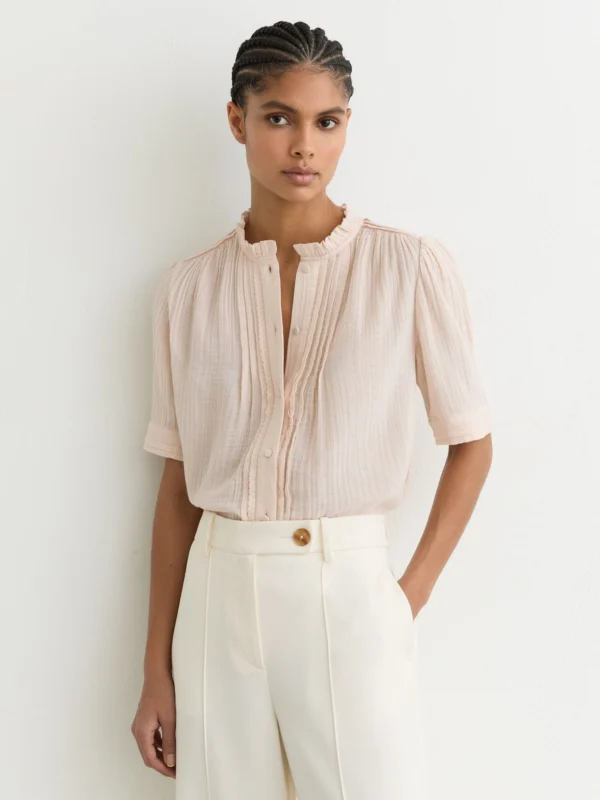 Reiss Pale Pink Cotton Cheesecloth Frill-neck Top