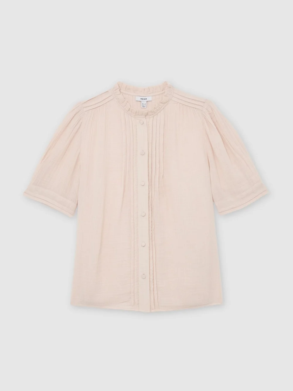 Reiss Pale Pink Cotton Cheesecloth Frill-neck Top, view 2