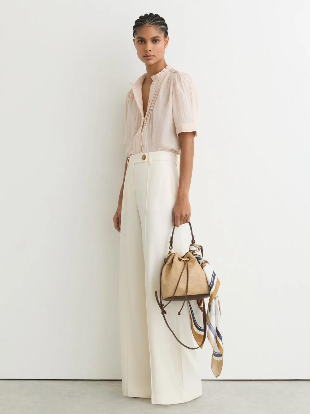 Reiss Pale Pink Cotton Cheesecloth Frill-neck Top, view 3