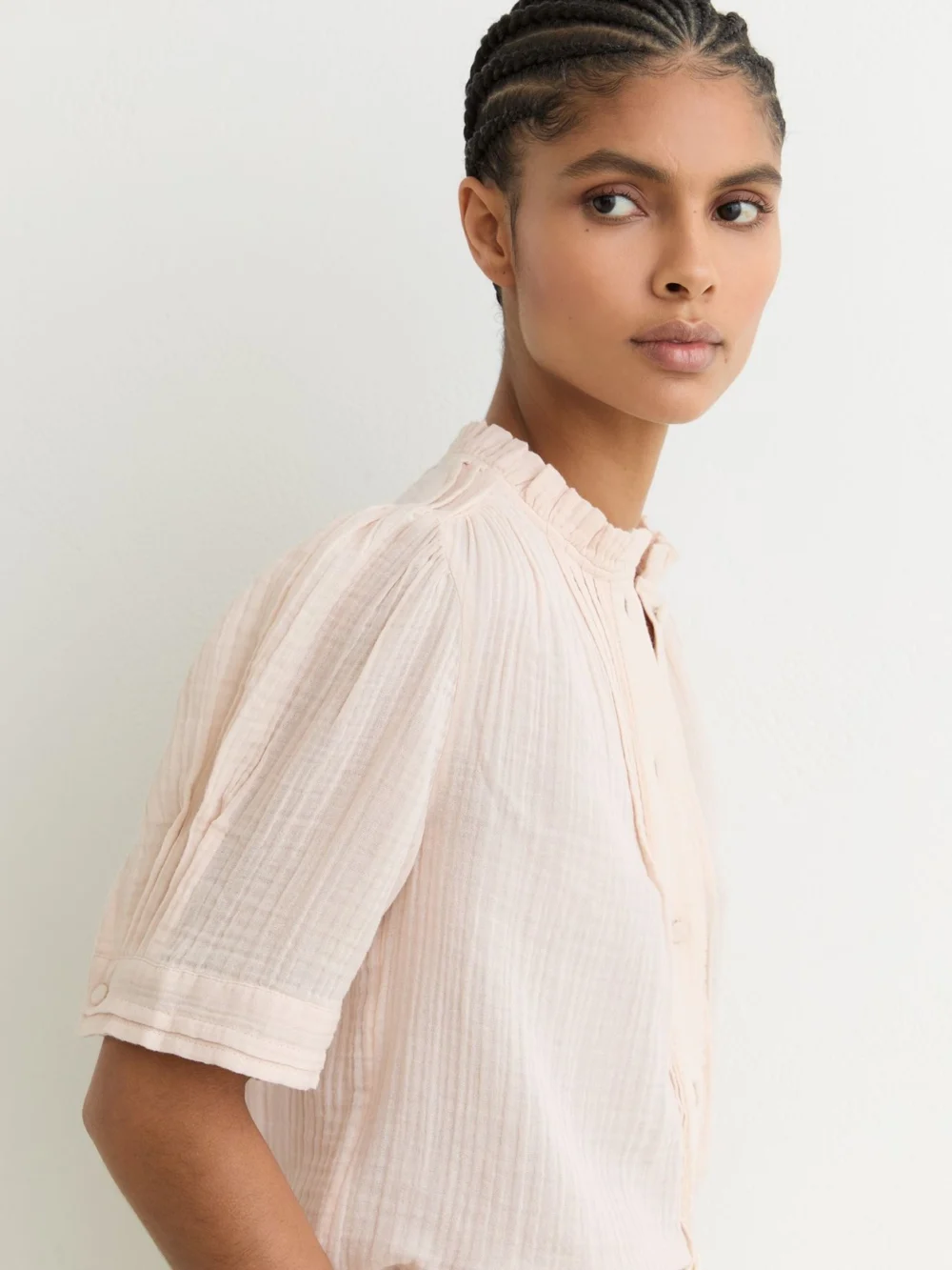 Reiss Pale Pink Cotton Cheesecloth Frill-neck Top, view 4