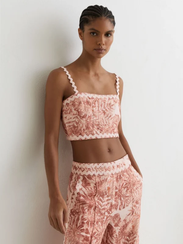 Reiss Pale Pink Linen Wave-trim Cropped Cami Top