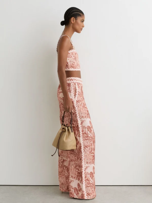Reiss Pale Pink Linen Wave-trim Wide-leg Trousers