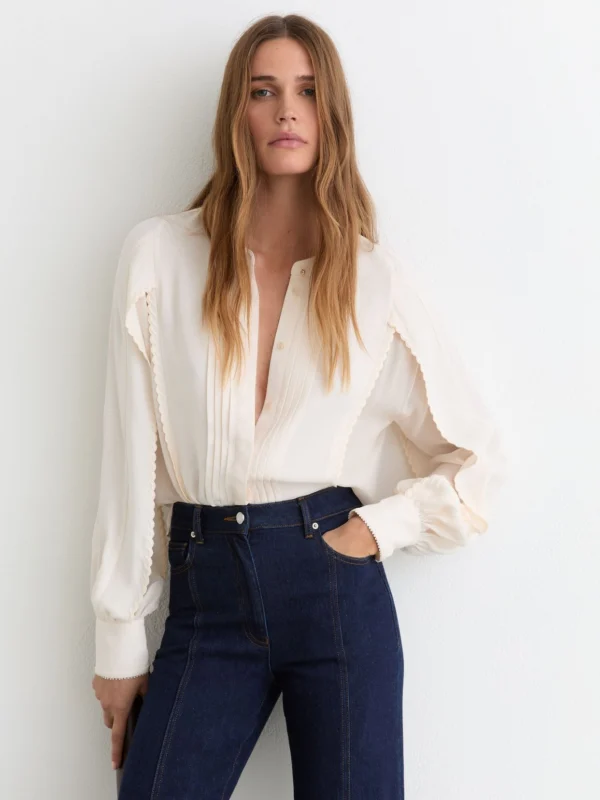 Reiss Pale Pink Pleated Embroidered Long-sleeve Blouse