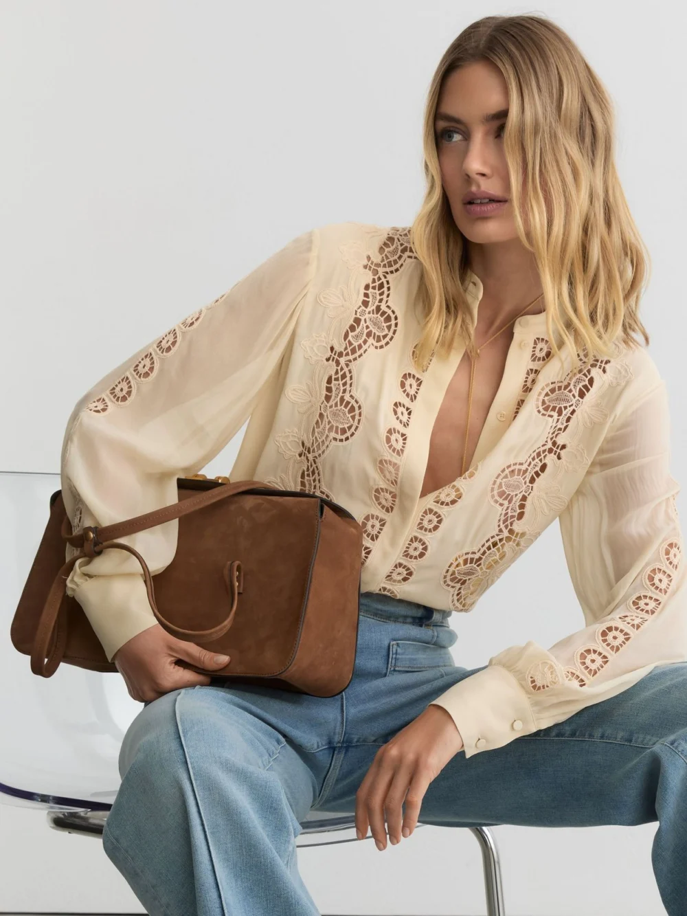 Reiss Pale Yellow Cutwork-embroidery Sheer-sleeve Blouse