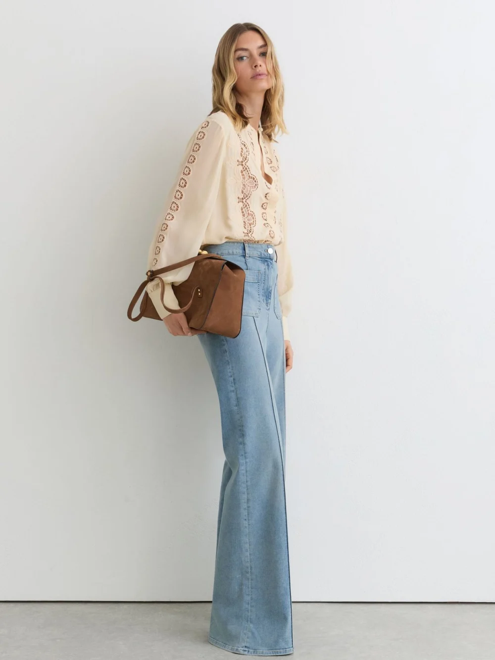 Reiss Pale Yellow Cutwork-embroidery Sheer-sleeve Blouse, view 3