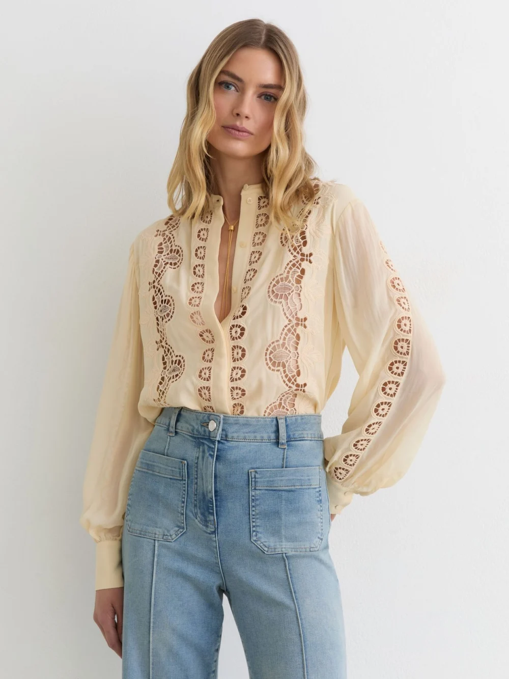 Reiss Pale Yellow Cutwork-embroidery Sheer-sleeve Blouse, view 4