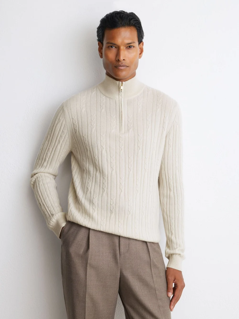 Reiss Parchment Grey Cashmere Cable-knit Half-zip Jumper