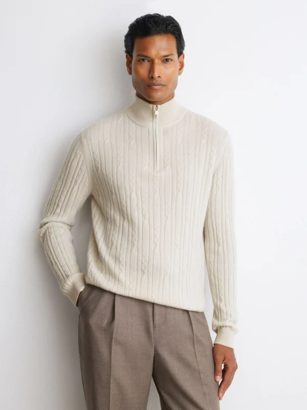 Reiss Parchment Grey Cashmere Cable-knit Half-zip Jumper