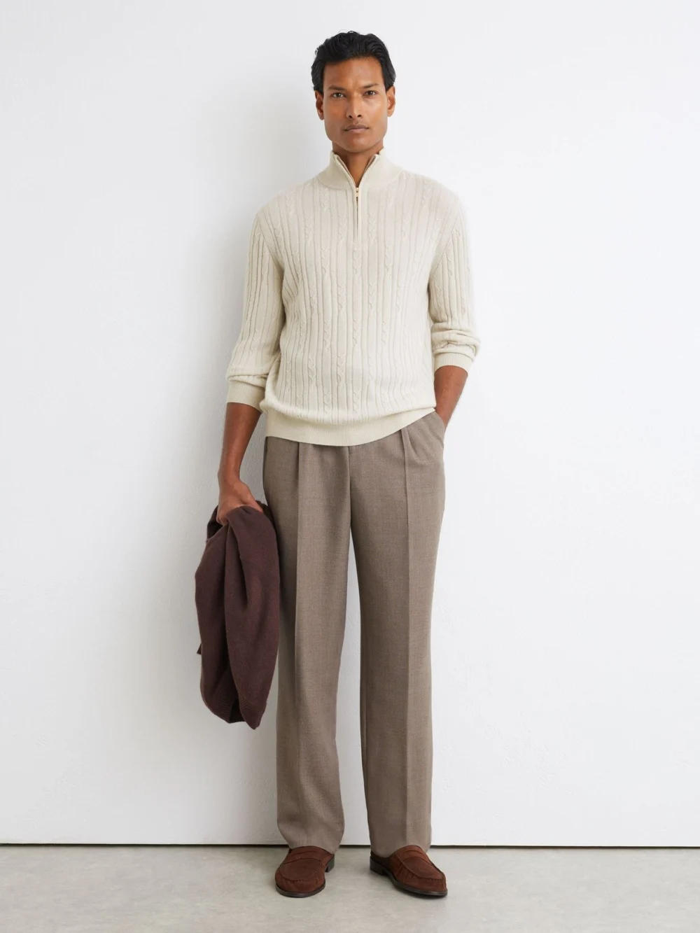 Reiss Parchment Grey Cashmere Cable-knit Half-zip Jumper, view 4