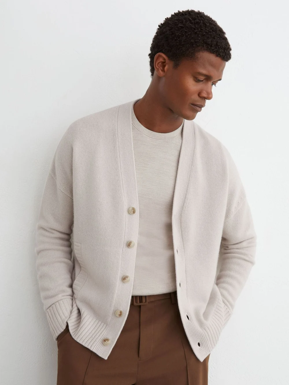 Reiss Parchment Grey Cashmere V-neck Cardigan