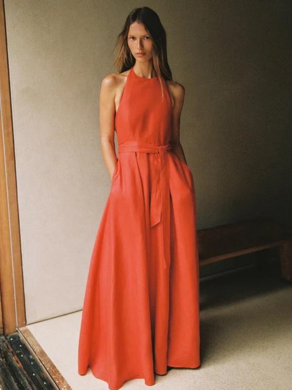 Reiss Paules Coral Orange Linen Open-back Maxi Dress