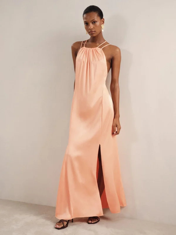 Reiss Peach Satin Halterneck Maxi Dress
