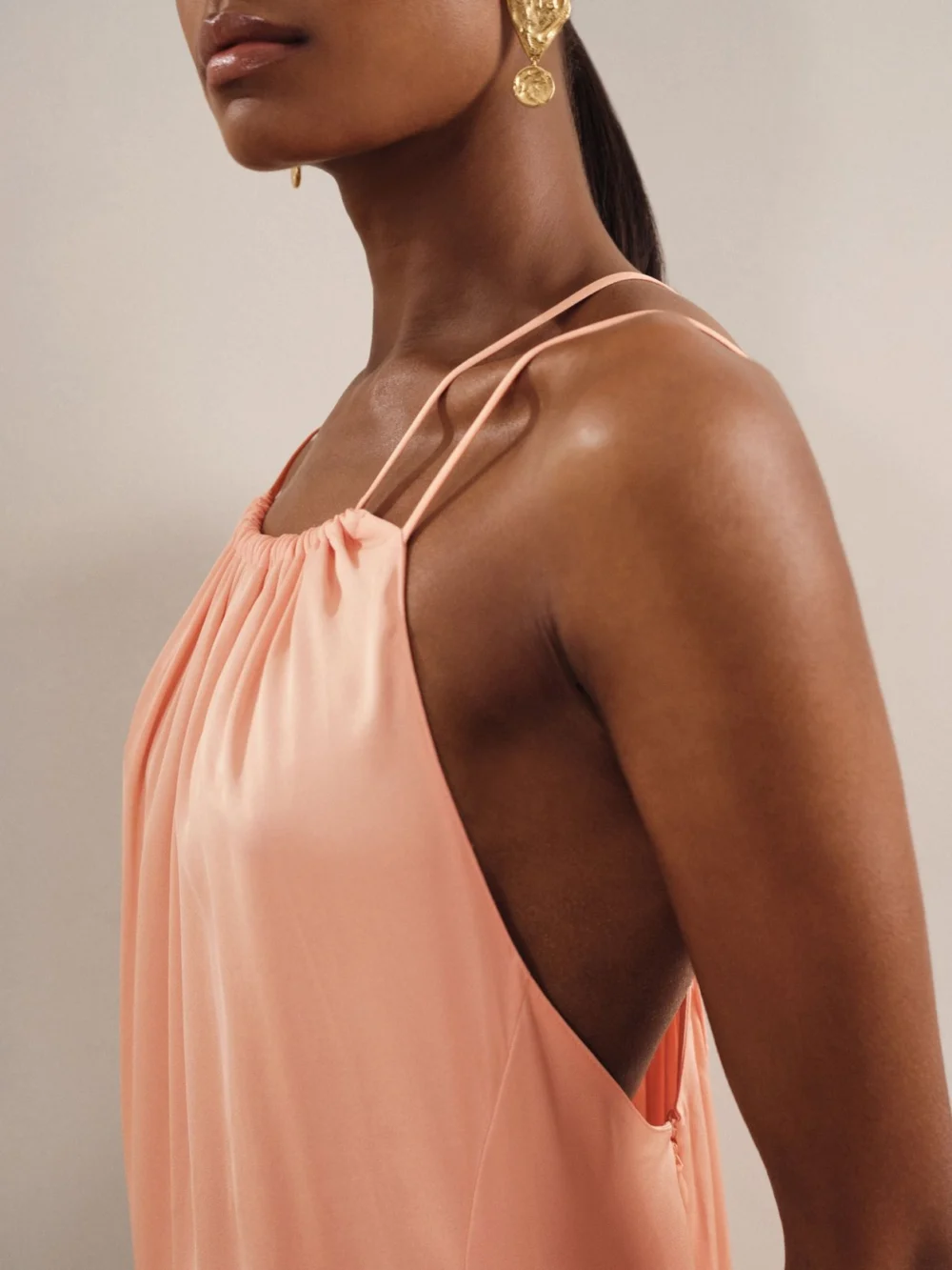 Reiss Peach Satin Halterneck Maxi Dress, view 4