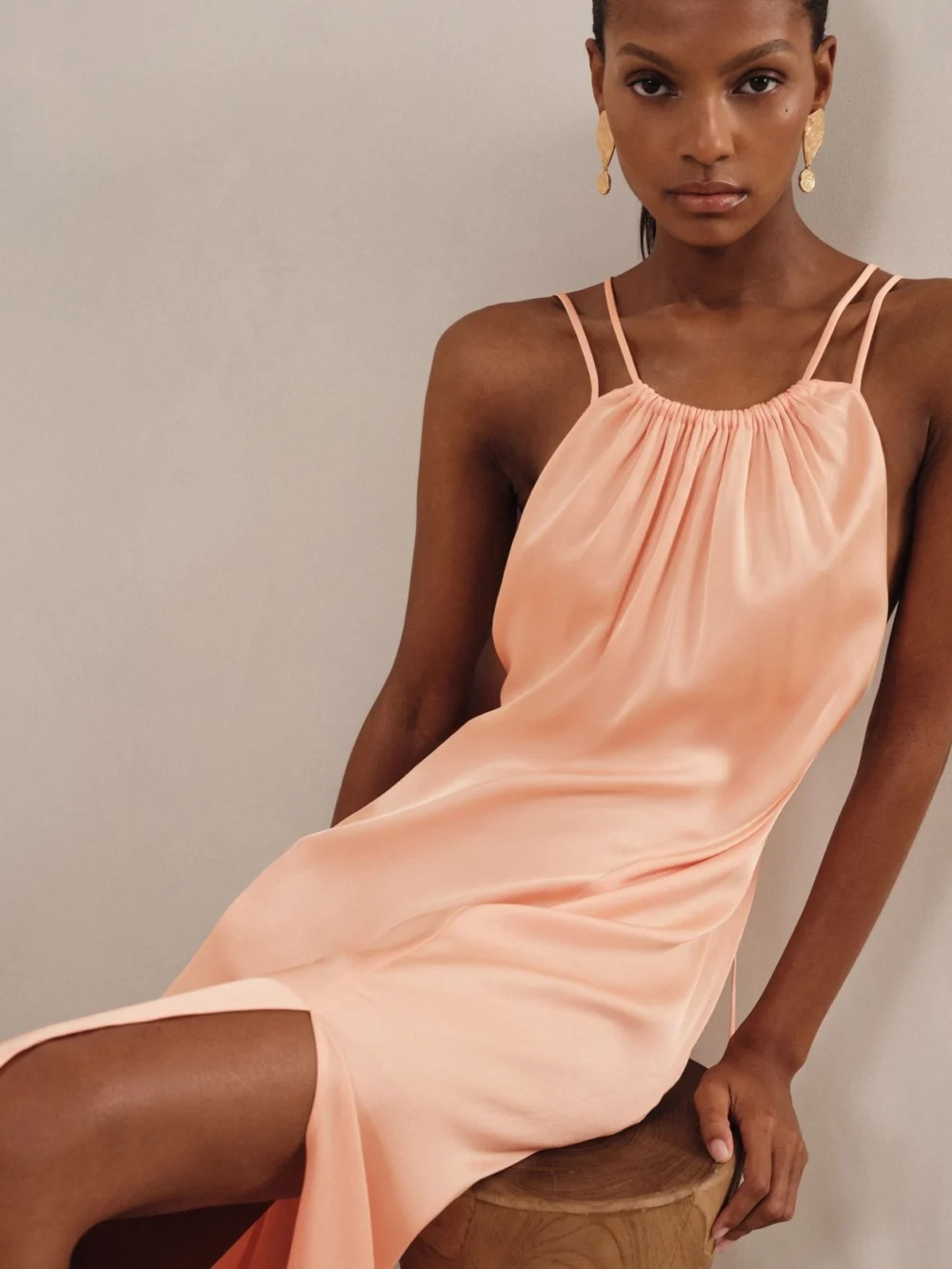 Reiss Peach Satin Halterneck Maxi Dress, view 5