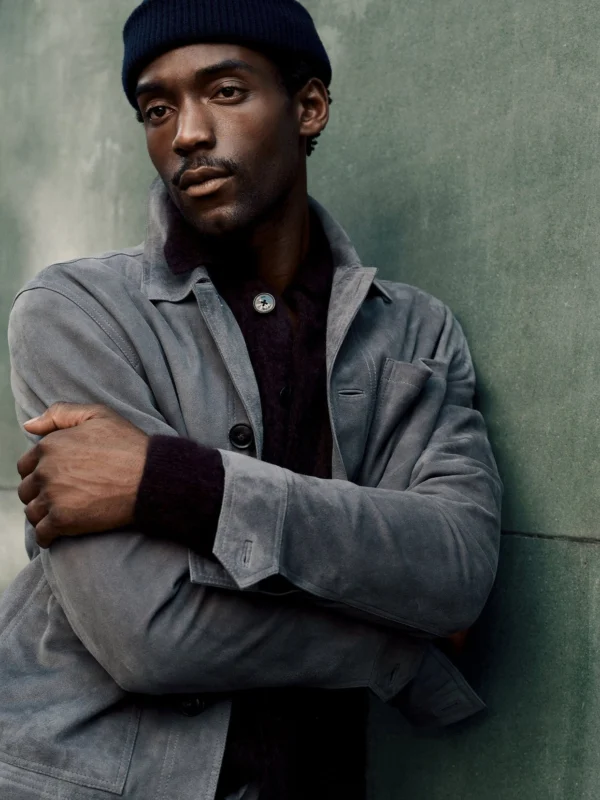Reiss Petrol Blue Suede Button-through Trucker Jacket
