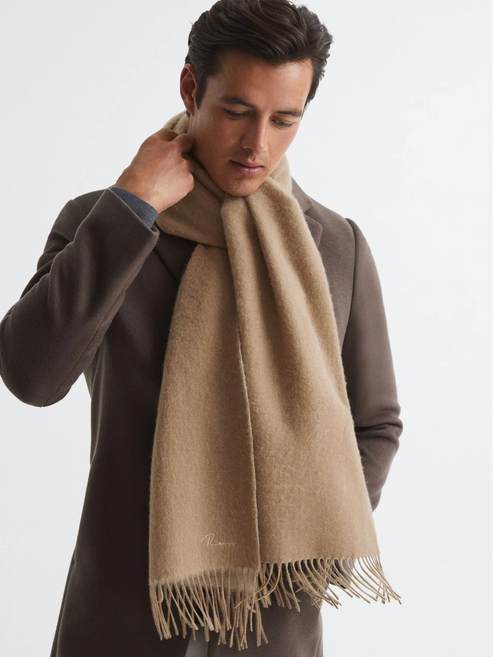 Reiss Picton Beige Cashmere Blend Scarf Wool Plain, view 4