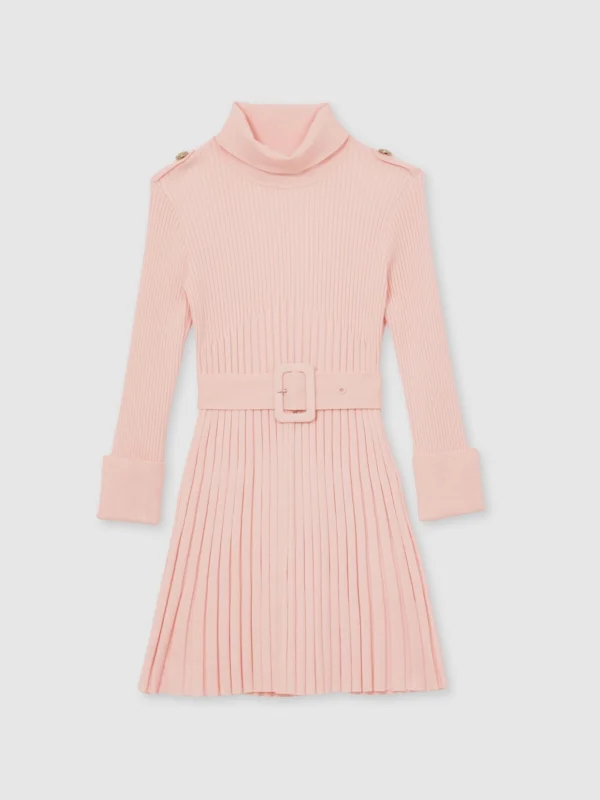 Reiss Pink 13-14 yrs Rib-knit Roll-neck Belted Dress,