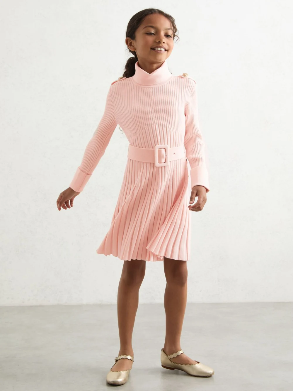 Reiss Pink 13-14 yrs Rib-knit Roll-neck Belted Dress,, view 3