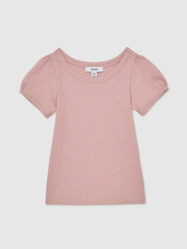 Reiss Pink 13-14 yrs Stretch-cotton Ribbed Puff-sleeve Top,