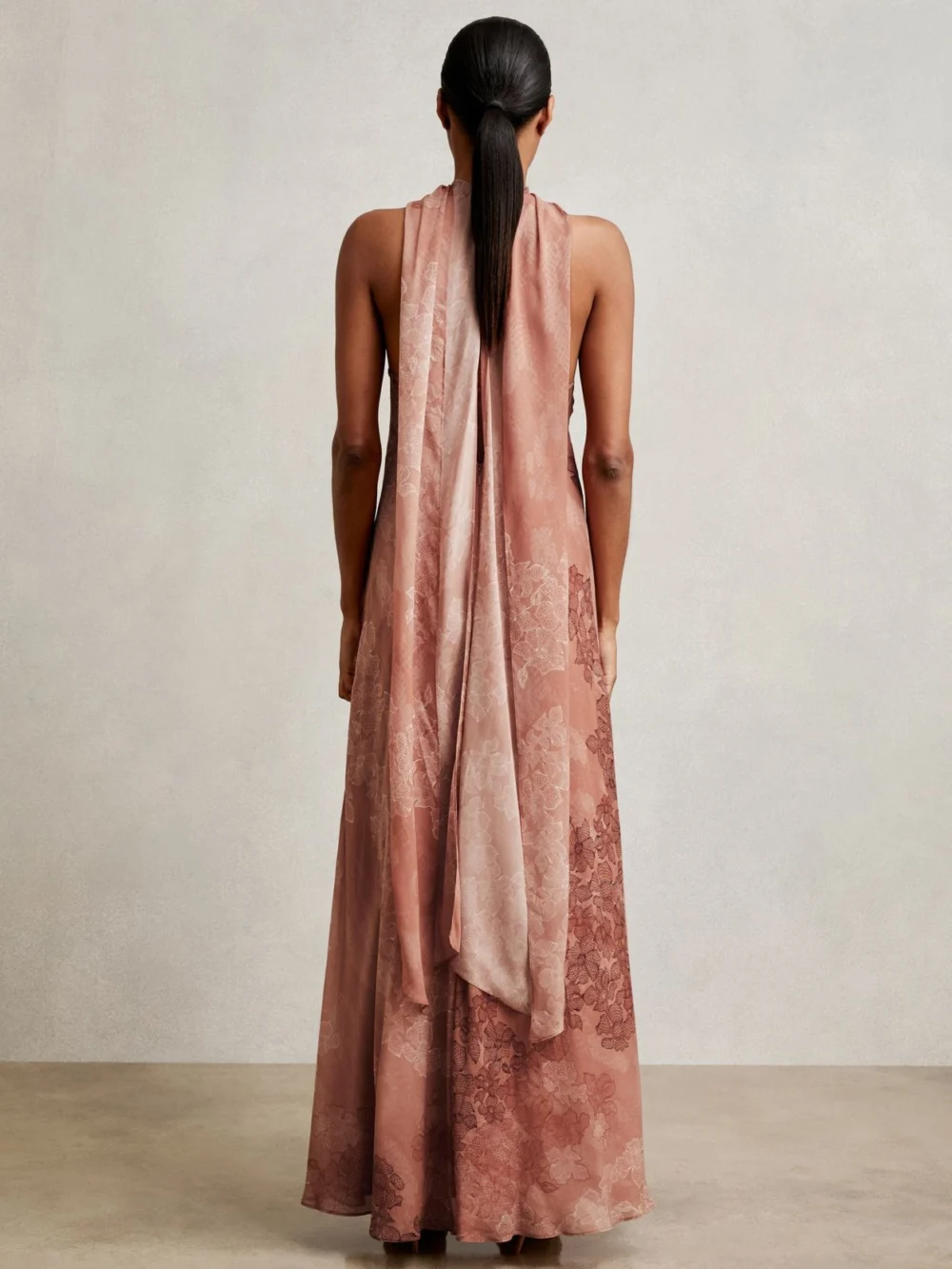 Reiss Pink & Brown Floral Print Chiffon Cape Maxi Dress, view 4