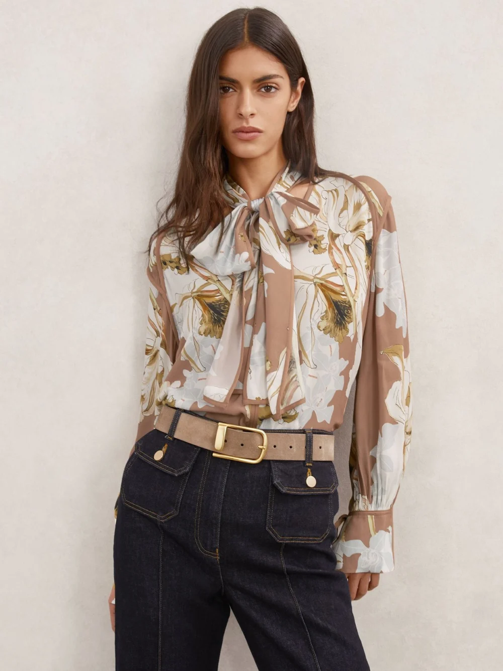Reiss Pink & Floral-print Tie-neck Blouse in pink/ivory