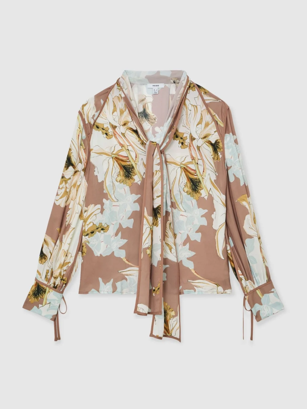 Reiss Pink & Floral-print Tie-neck Blouse, view 2