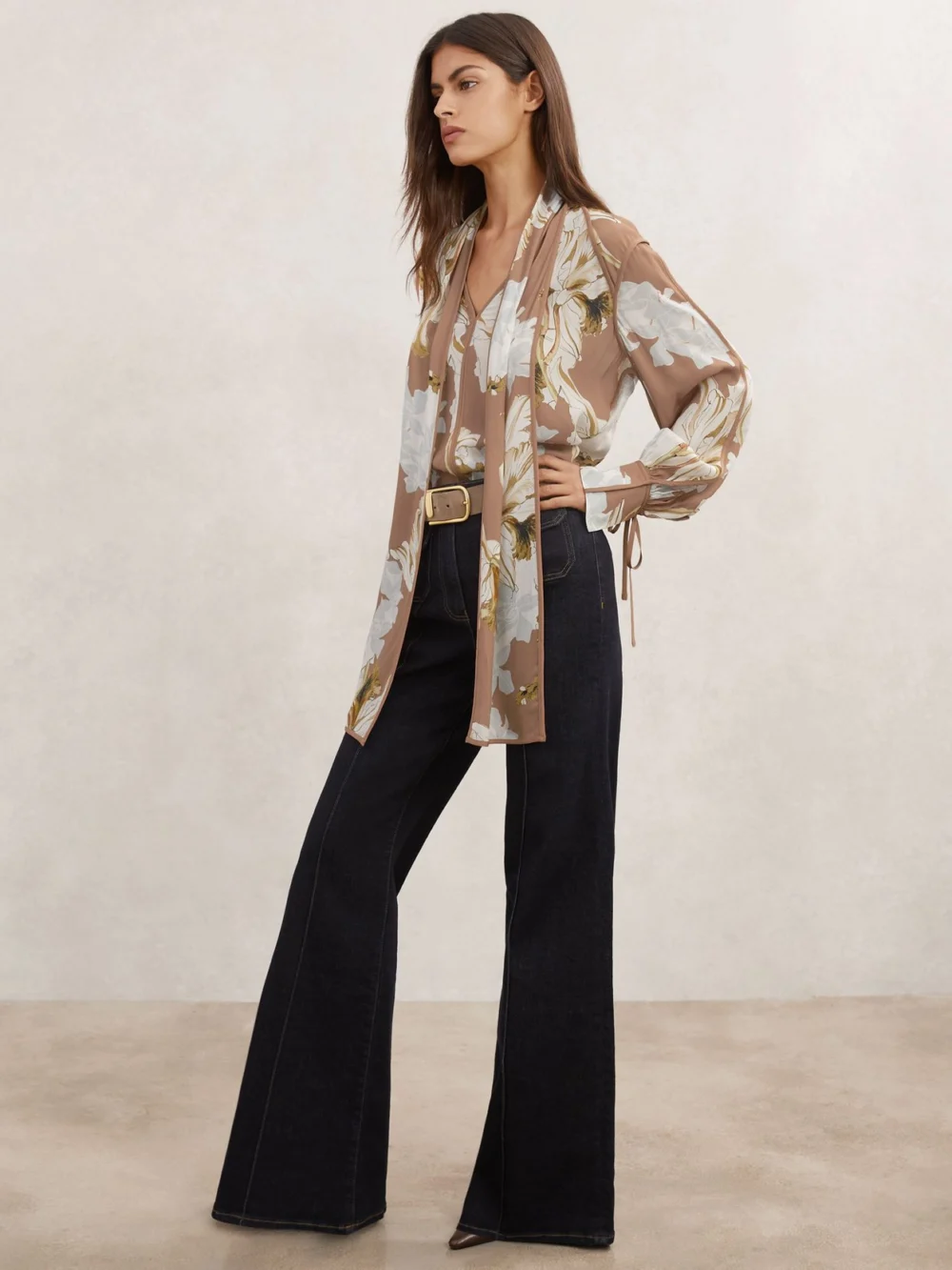 Reiss Pink & Floral-print Tie-neck Blouse, view 3